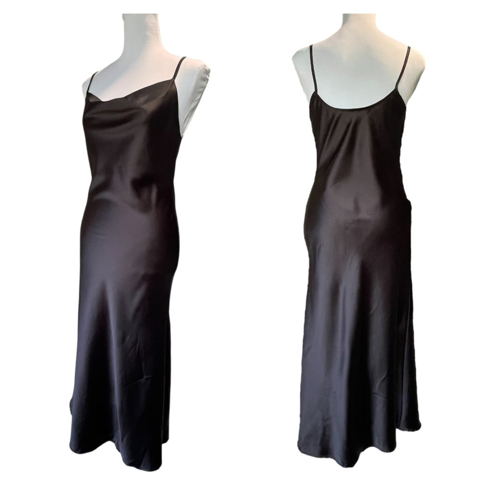 Black Satin Cowl Neck Slip Dress 90s Minimalist Midi Cocktail Dress Size Small